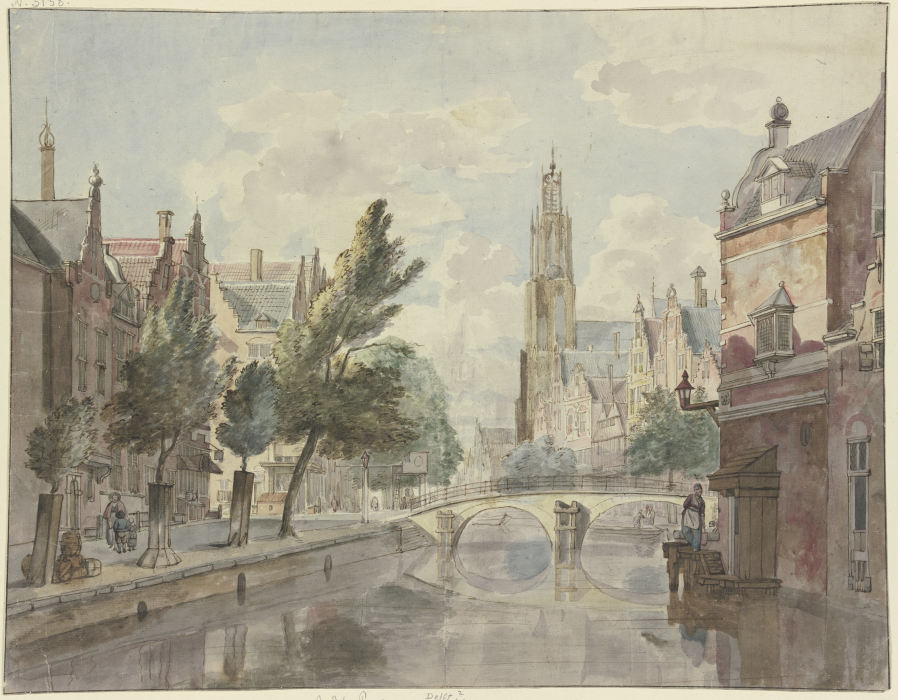 Steinbrücke über einen Kanal, im Hintergrund eine Kathedrale, rechts am Haus eine Laterne od Johannes Huibert Prins
