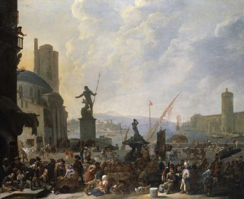 Ein Capriccio eines mediterranen Hafens mit zahlreichen Figuren, Berninis Triton-Brunnes und ein Cap od Johannes Lingelbach