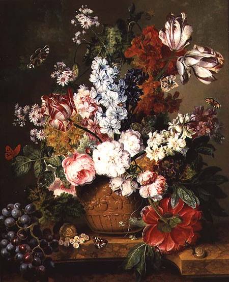 Fruit and Flowers on a Marble Ledge od Johannes or Jacobus Linthorst