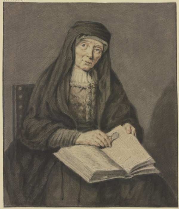 Sitzende alte Frau in einem Buch lesend, sie hält die Brille in der Hand, Kniestück od Johannes Pieter de Frey