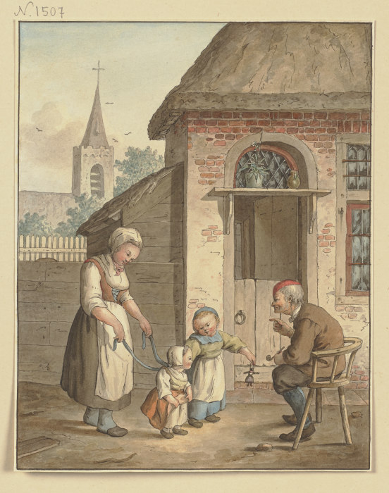 Vor der Haustür sitzt ein alter Mann, dabei eine Magd und zwei Kinder od Johann Friedrich Morgenstern