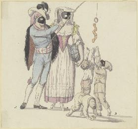 Maskenszene mit Fischer und Frascatanerin: Ein maskiertes Paar, der Mann mit einer Angel, an der Wür