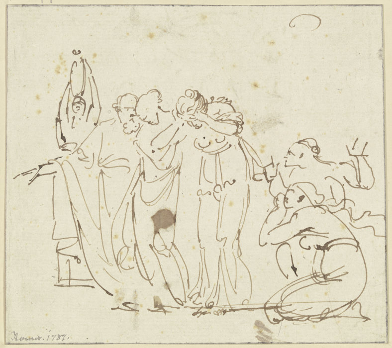 Ungedeutete Szene: Ein bärtiger Mann schreitet mit zwei betrübten Frauen nach links, rechts zwei kni od Johann Georg Schütz