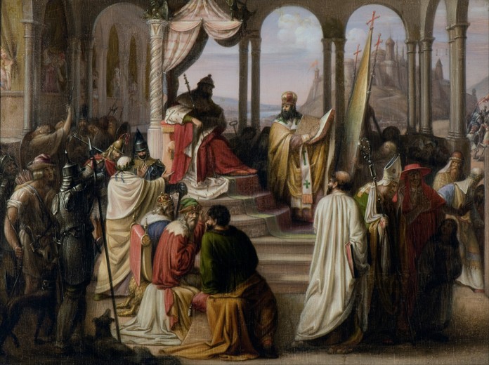 Prince Vladimir chooses a religion in 988 (A religious dispute in the Russian court) od Johann Leberecht Eggink