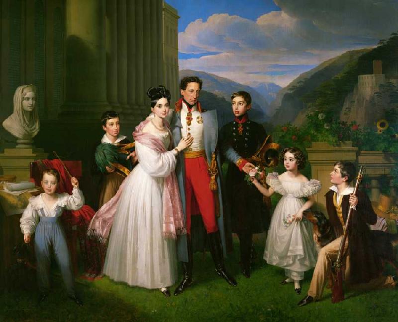 Erzherzog Karl mit Frau Henriette von Nassau-Weilburg und Kindern vor Schloss Weilburg in Baden nahe od Johann Nepomuk Ender