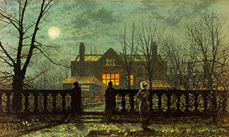 Evening garden with look on a residential building lit up. od John Atkinson Grimshaw