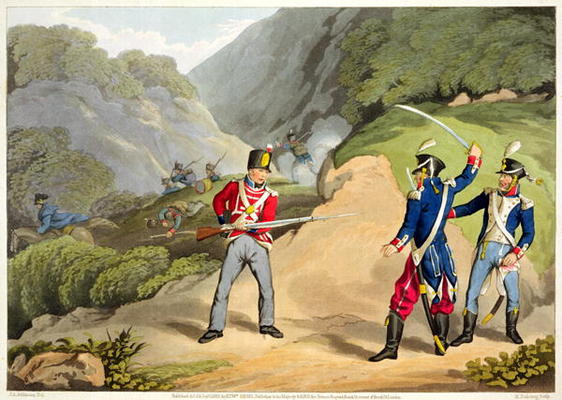 A British Soldier Taking Two French Officers at the Battle of the Pyrenees, engraved by Matthew Dubo od John Augustus Atkinson