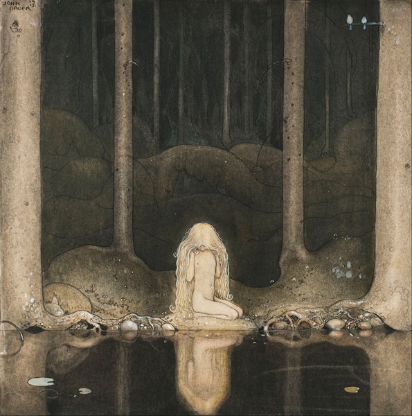Princess Tuvstarr is still sitting there wistfully looking into the water od John Bauer