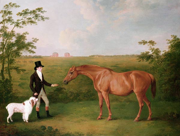 A Gentleman with a White Dog and a Chestnut Mare in a Landscape od John Boultbee