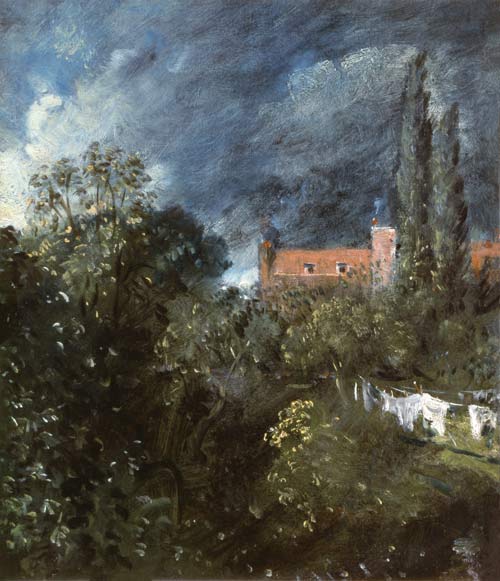 View in a garden with a red house beyond od John Constable