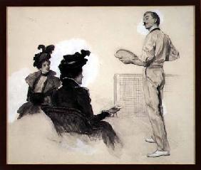 'It was Out!', Two Women Watching a Man Play Tennis, 1898 (gouache, pen and