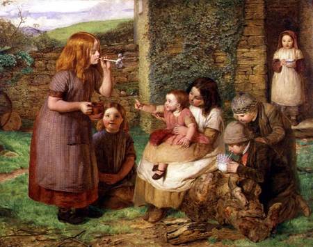 Bubbles: Cottage Scene with Children at Play od John Dawson Watson