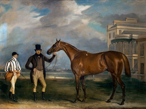 General Chasse, a chestnut racehorse being held by his trainer, with his jockey, J. Holmes standing od John E. Ferneley d.J.