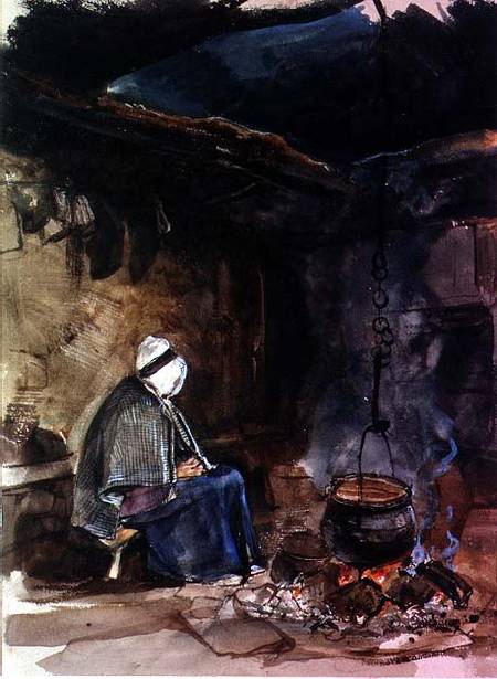 Watching the pot boil - a cottage interior od John Frederick Lewis