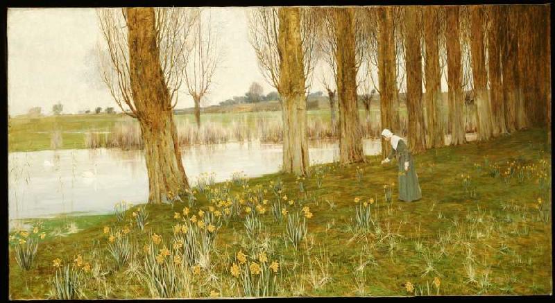 Poplars and narcissi at a channel od John George Sowerby