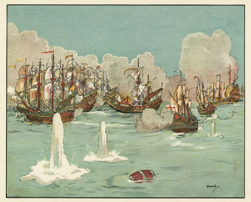 The first days fighting with the invincible Armada (colour litho) od John Hassall