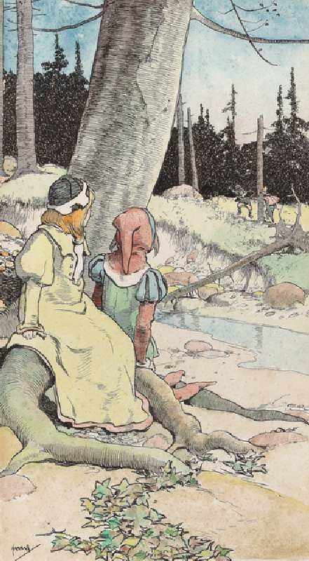 The Babes in the Wood, c.1900 (pen, ink & w/c on paper) od John Hassall