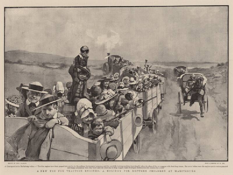 A New Use of Traction Engines, a Holiday for Refugee Children at Maritzburg (litho) od John Hassall