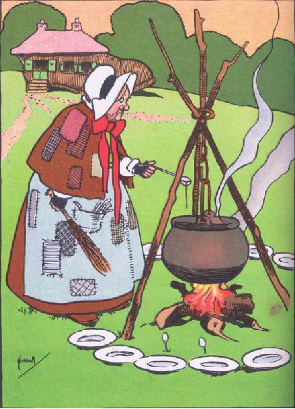 Cooking the broth, from Blackies Popular Nursery Rhymes published by Blackie and Sons Limited, c.192 od John Hassall