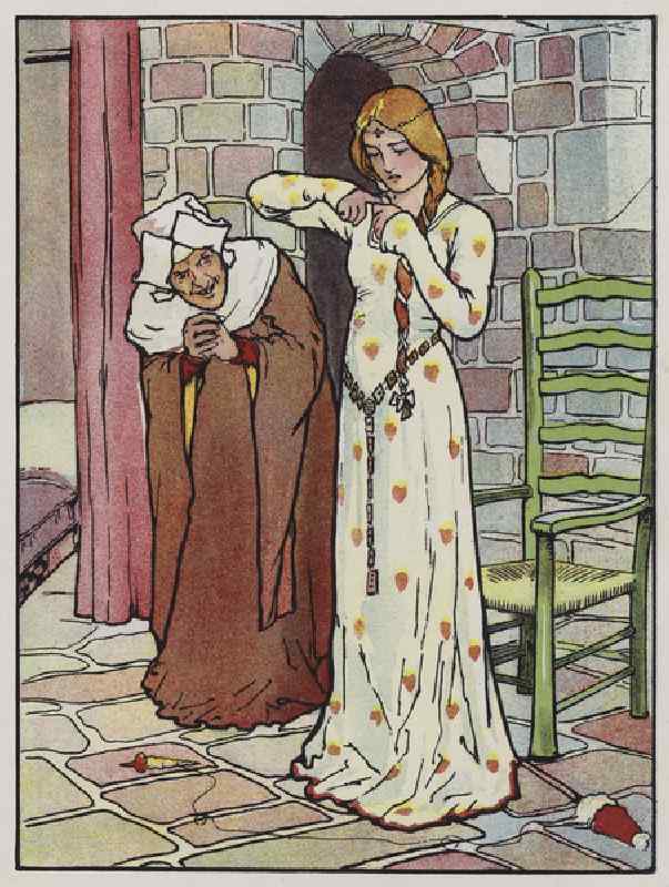 Rosanne pricks her hand with the spindle (colour litho) od John Hassall