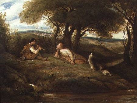 Young Man Playing Music to a Shepherd and his Dogs od John Linnell