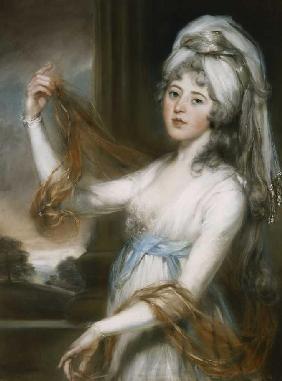 Porträt von Sarah, Ehefrau von Walker King, Bischof von Rochester in einem weißen Kleid mit einem bl