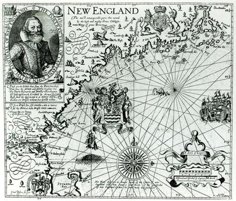Map of the New England coastline in 1614, engraved by Simon de Passe (1595-1647) 1616 (engraving) (b od John Smith