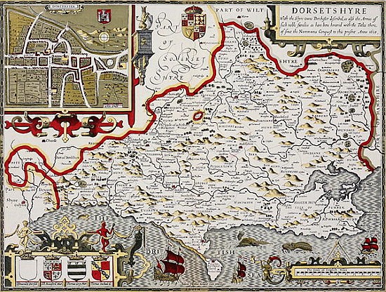 Dorsetshire; engraved by Jodocus Hondius (1563-1612) from John Speed''s Theatre of the Empire of Gre od John Speed
