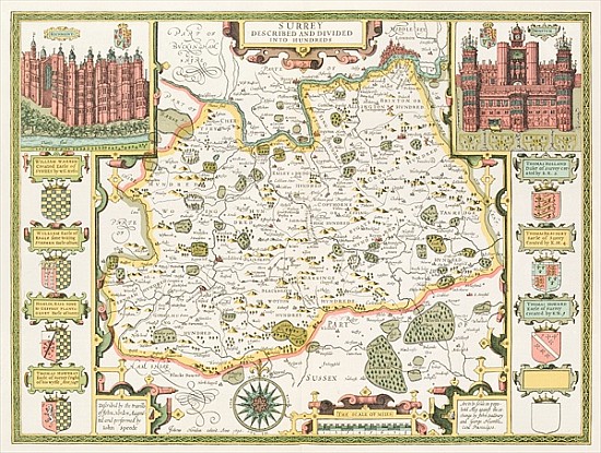Map of Surrey; engraved by Jodocus Hondius (1563-1612) from John Speed''s Theatre of the Empire of G od John Speed