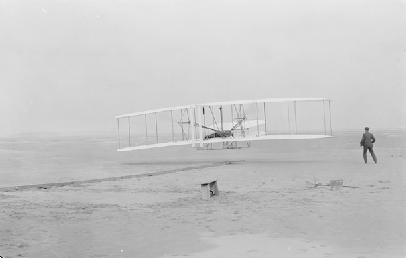 First flight, Kitty Hawk, North Carolina, 120 feet in 12 seconds, 10.35am December 17th 1903 (b/w ph od John T. Daniels
