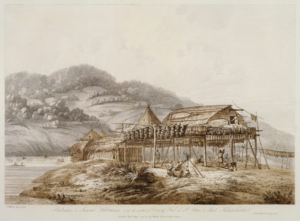 Balagans or Summer Habitations, with the Method of Drying Fish at St. Peter and Paul, Kamtschatka, f od John Webber