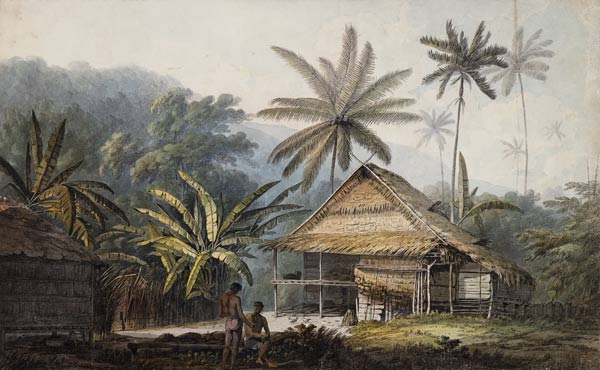 Hütte und Palmen auf der Insel Krakatoa. od John Webber