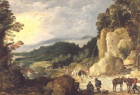 A Mountain Landscape with a Waterfall and Travellers at a Ford od Joos de Momper