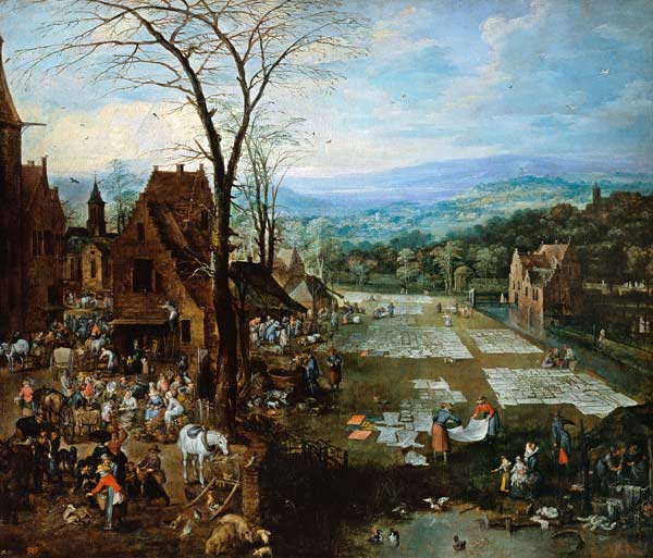 Women on the edge of a Flemish town washing market hustle and bustle and laundry. od Joos de Momper d.J.