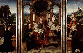 Winged altar: Enthroned Maria with Jesus and Joseph, St. George,  St. Catherine and donors od Joos van Cleve