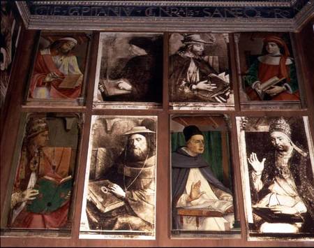 The Study of Federigo da Montefeltro, Duke of Urbino, clockwise from TL: Euclides of Megara, Greek p od Joos van Gent