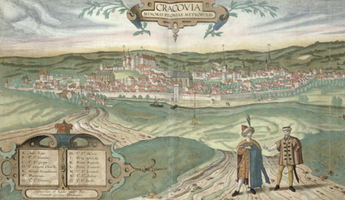 Map of Cracow, from 'Civitates Orbis Terrarum' by Georg Braun (1541-1622) and Frans Hogenberg (1535- od Joris Hoefnagel