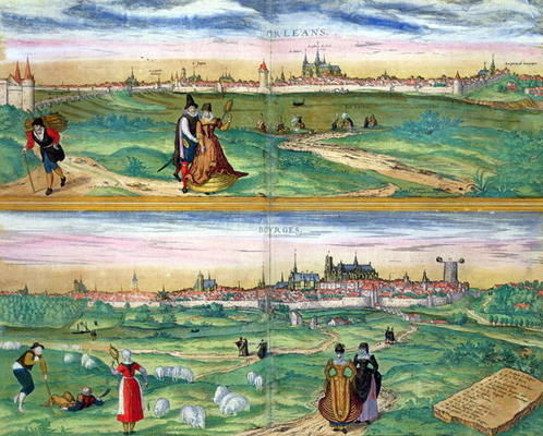 Map of Orleans and Bourges, from 'Civitates Orbis Terrarum' by Georg Braun (1541-1622) and Frans Hog od Joris Hoefnagel