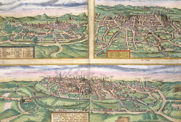 Map of Montpellier, Tours, and Poitiers, from 'Civitates Orbis Terrarum' by Georg Braun (1541-1622) od Joris Hoefnagel