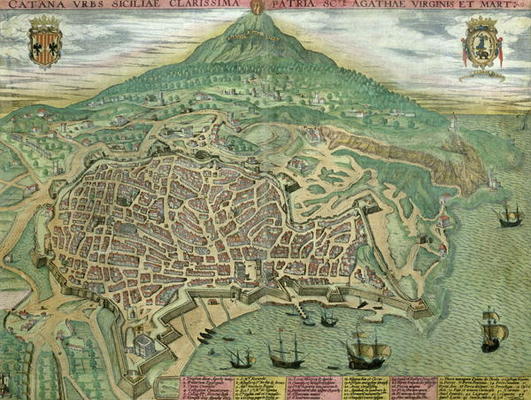 Map of Catania, from 'Civitates Orbis Terrarum' by Georg Braun (1541-1622) and Frans Hogenberg (1535 od Joris Hoefnagel