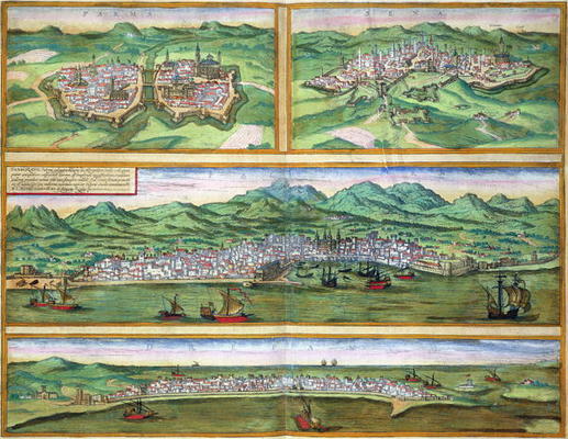 Map of Parma, Siena, Palermo, and Drepanum, from 'Civitates Orbis Terrarum' by Georg Braun (1541-162 od Joris Hoefnagel
