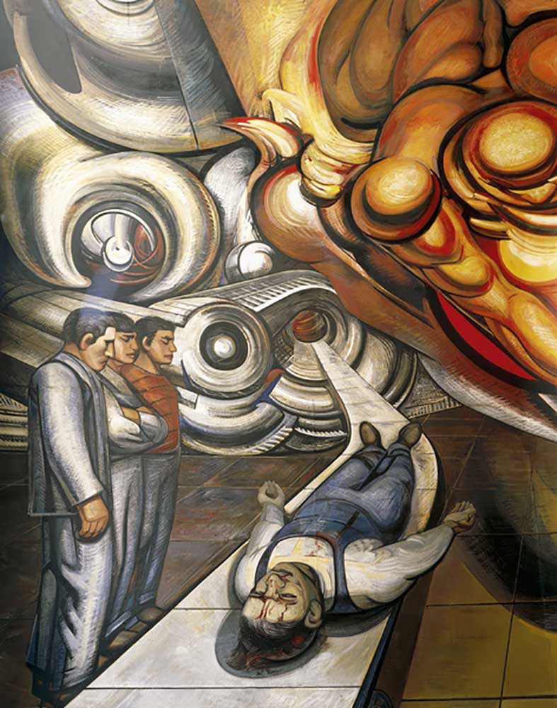 Workers world, victim of capitalism, Hospital de la Raza, detail of Auditorium ceiling with frescoes od José Clemente Orozco