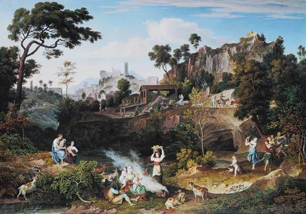 Countryside at Olevano with brickworks and country people playing instruments od Joseph Anton Koch
