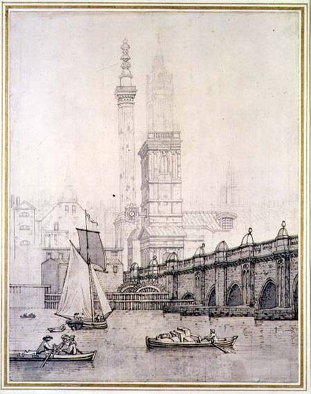Old London Bridge and the Monument (pen & ink on paper) od Joseph Farington
