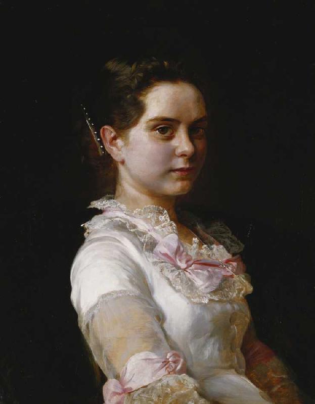 Porträt von Margarete Rieckehoer in weißem Kleid mit rosa Schleifen od Joseph Kostka