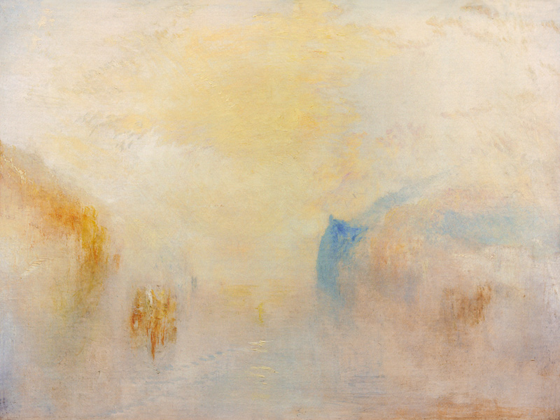 Sunrise with a boat between spits of land od William Turner