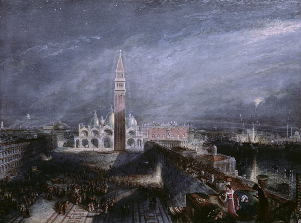 St. Mark's Place, Venice (Moonlight) engraved by George Hollis (1792-1842) pub. 1881 (litho) od William Turner