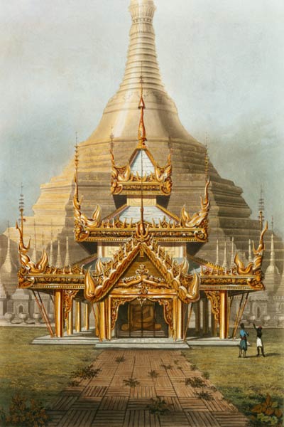 The Gold Temple of the Principal Idol Guadma at Rangoon plate 7 from 'Rangoon Views', engraved by Ge od Joseph Moore