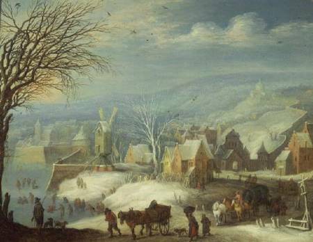 Winter landscape with numerous figures (panel) od Joseph van Bredael