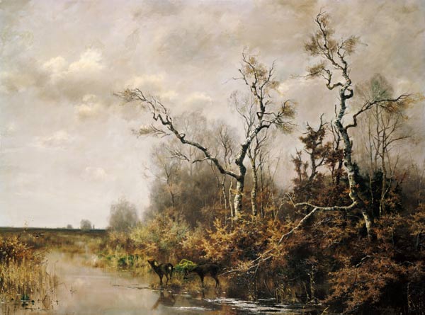 Bog landscape with two deer od Joseph Wenglein